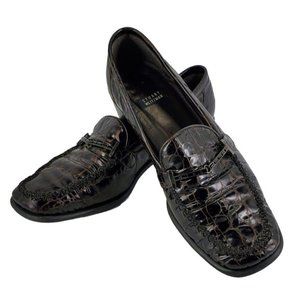 Stuart Weitzman Croc Embossed Patent Leather Brown Low Heel Loafers Womens 7M
